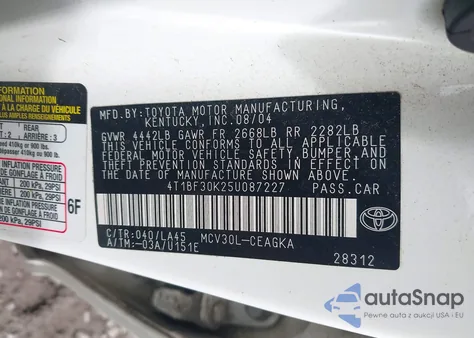 2005 Toyota Camry Xle V6 z USA, uszkodzony, nr VIN 4T1BF30K25U087227